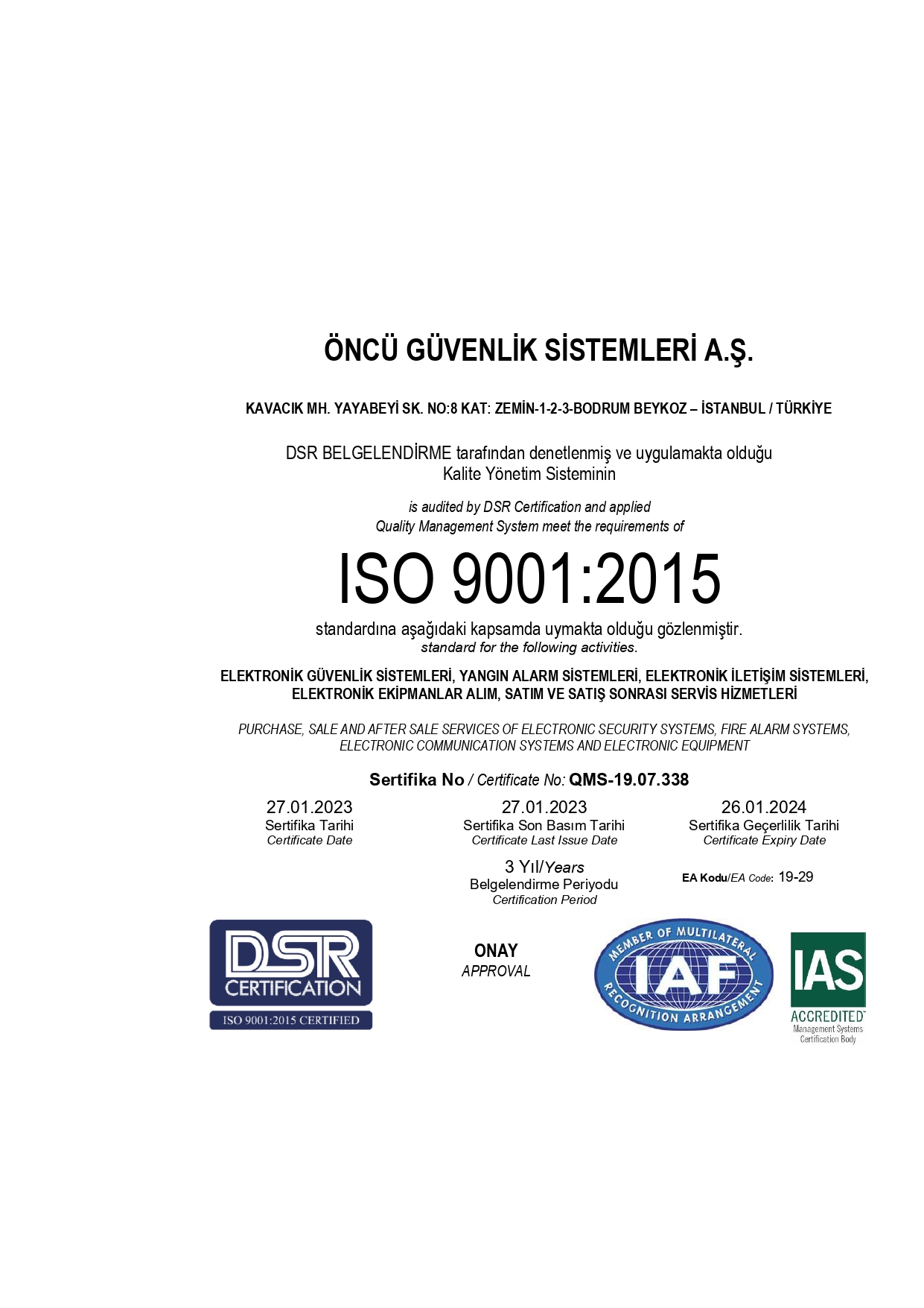 ISO 9001:2015 Kalite Belgesi